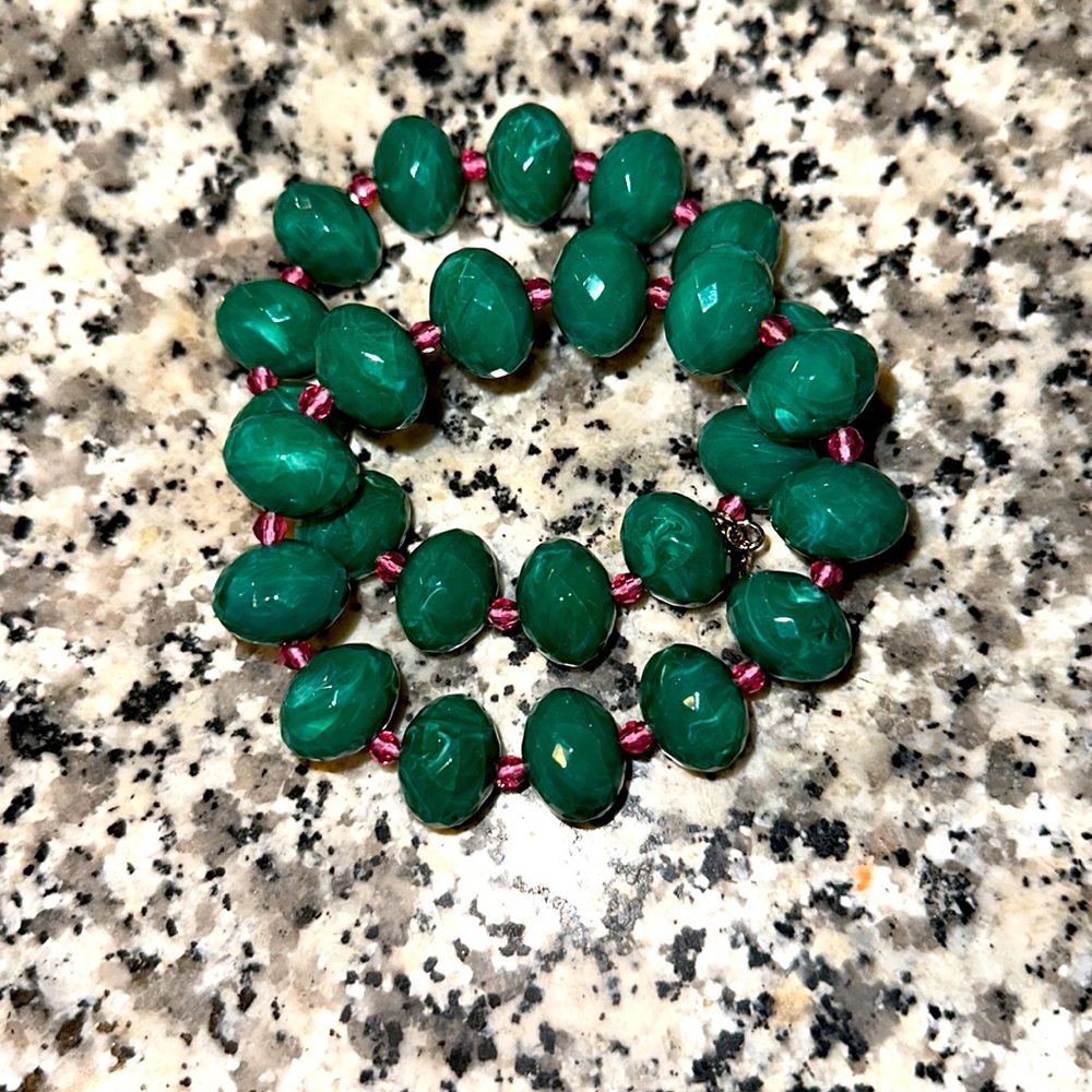 J Crew, green bracelet set, small pink beads between
